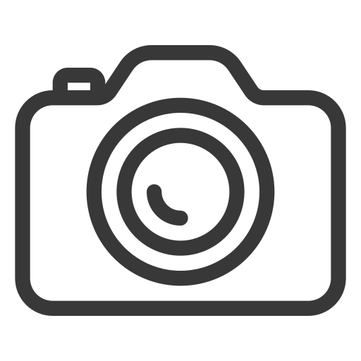 Icono de cámara de fotos en negro con fondo transparente.