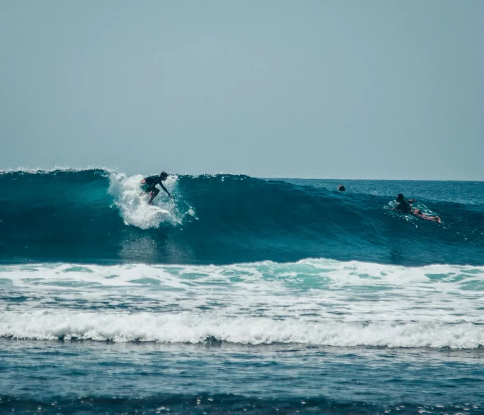Personas surfeando una ola como portada para la actividad de surf de Canarian Scene.